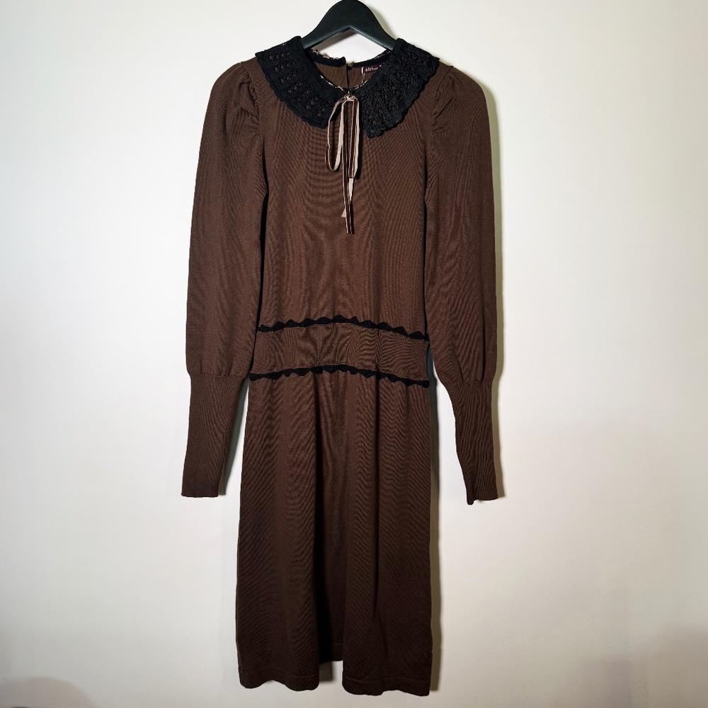 Udel New York - Knit Dress XS Brown / Black Crochet Collar - NWT